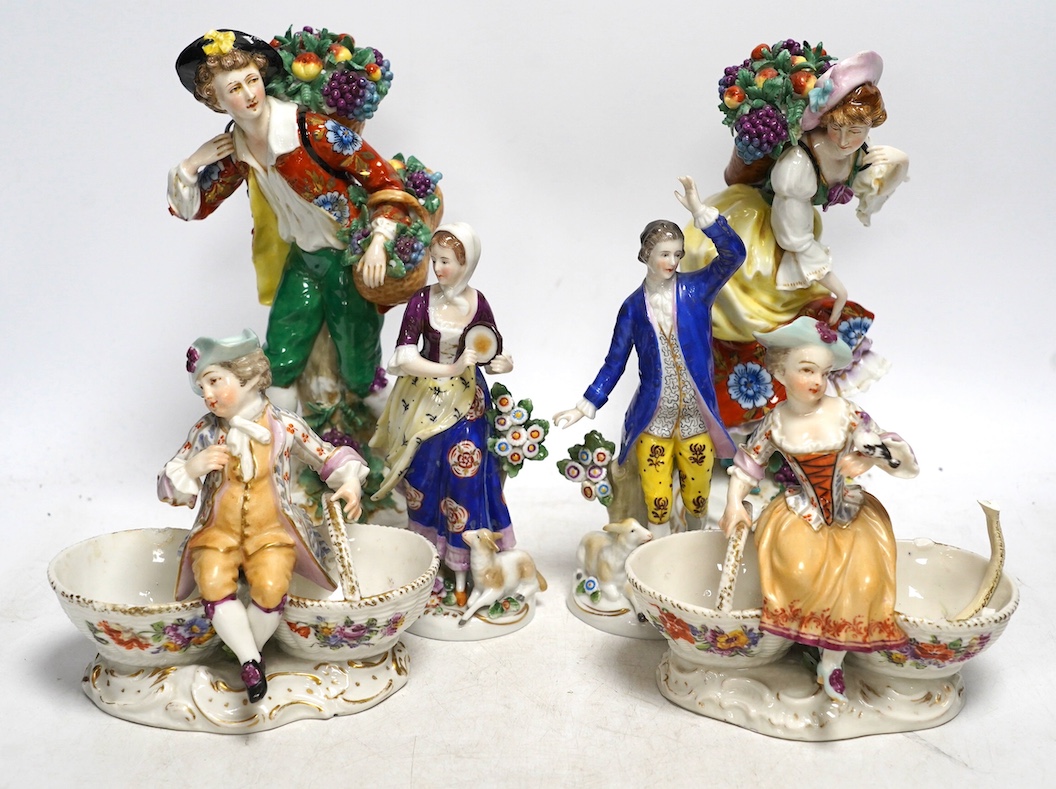 Four Samson porcelain figures and a pair of Dresden ‘children’ salts, tallest 23cm. Condition - salt handle broken